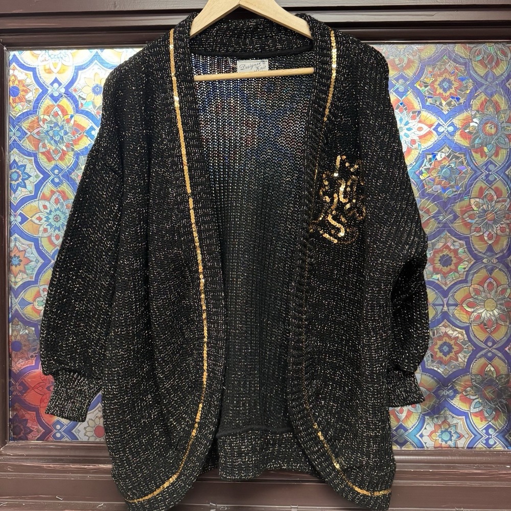 Designer Knit USA Sweater Womens Medium Cardigan Black Open Front Sequin Knit